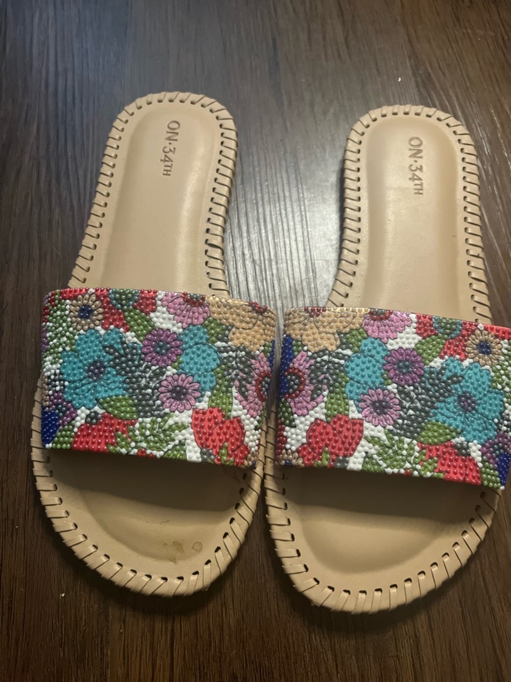 On 34th Multicolor Floral Beaded Slide Sandals - Beige Footbed